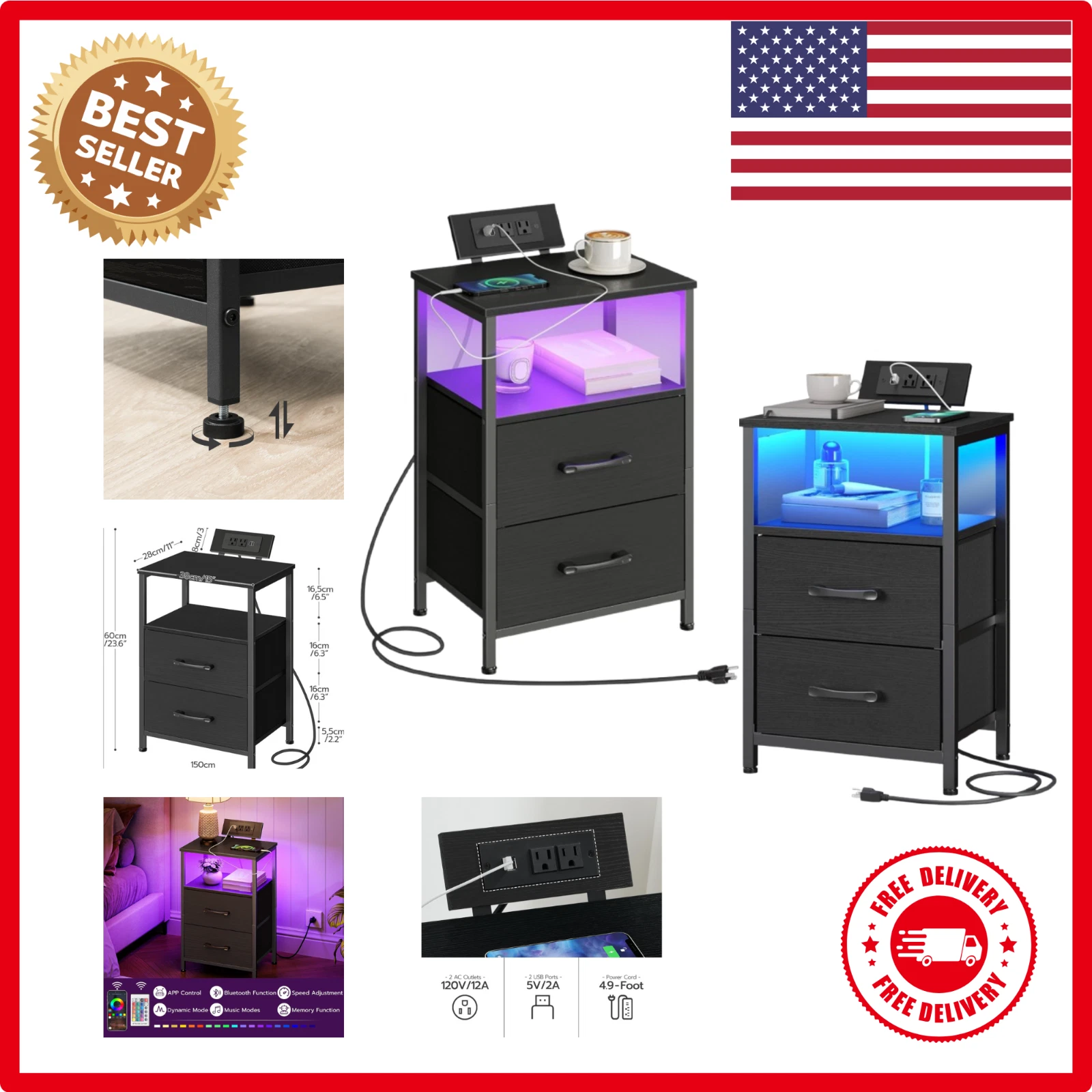 Nightstand with Charging Station & LED Lights 2 Dr